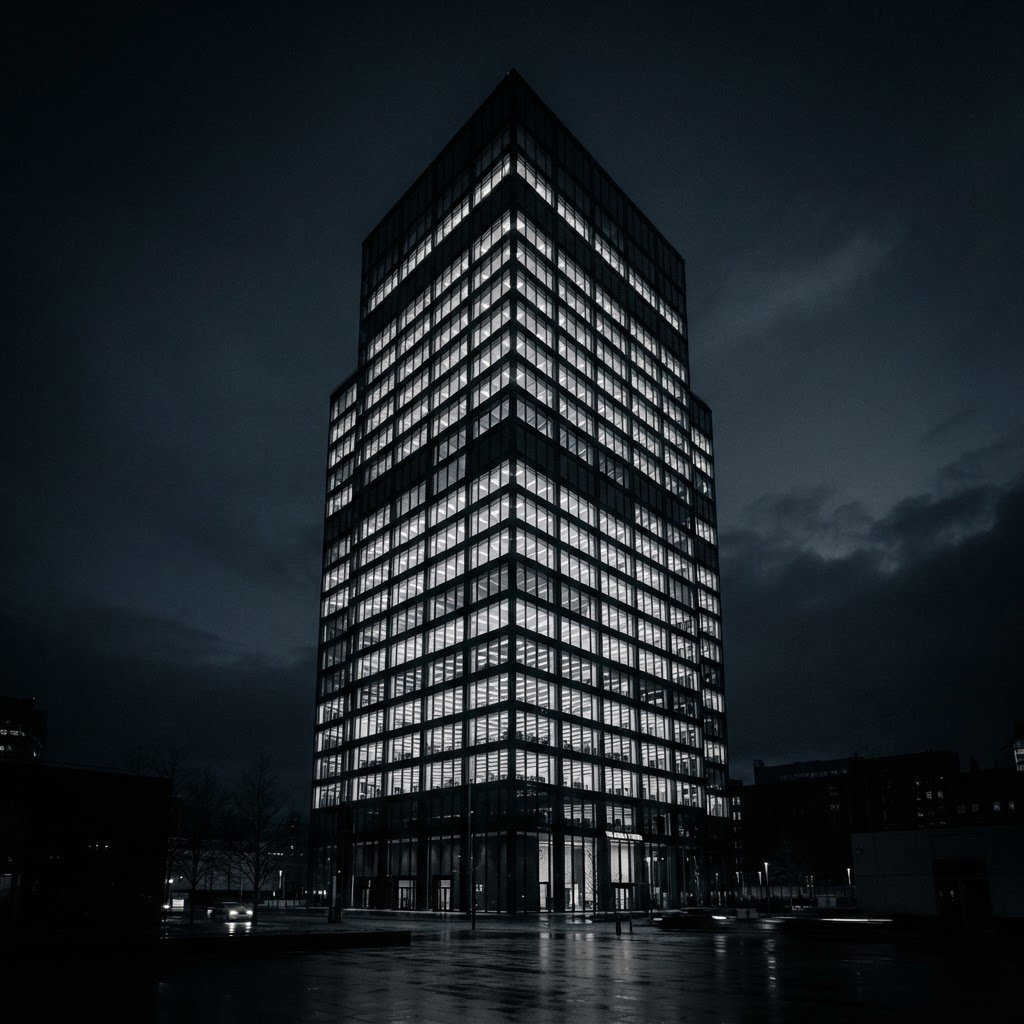 Modernes Bürogebäude mit beleuchteter Glasfassade